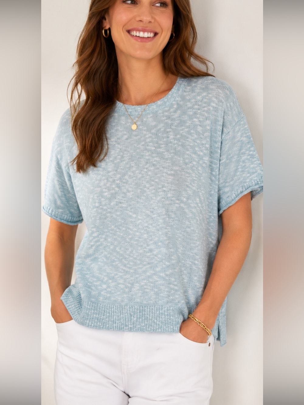 J.Crew Light Blue Marled Cotton Blend Short Sleeve Sweater XL NWOT